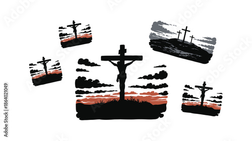 Multiple dramatic silhouette scenes of the crucifixion showing Jesus on crosses at sunset or sunrise