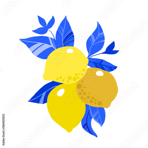 Lemons. Italy. Vector illustration of a summer lemon, blue pattern
