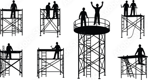 Construction workers silhouettes standing on scaffolding platforms, industrial building work concept showing safety, teamwork, maintenance, and engineering activities in black and white illustration