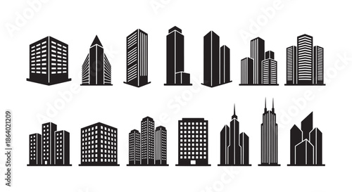 City Buildings Vector Icons Set. Modern Urban Architecture Silhouettes for Real Estate, Business & Skyline Designs.