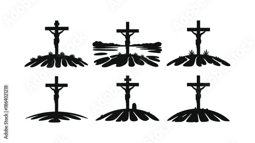 Six stark black silhouettes depicting Jesus on the cross standing upon various stylized mounds
