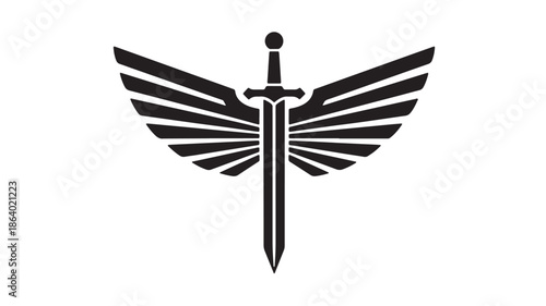 Winged sword emblem with bold black silhouette and feathered wings extending from a central blade, minimalist heraldic design on white background