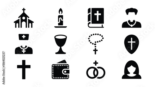 Solid black icons portraying various Christian religious symbols and spiritual elements