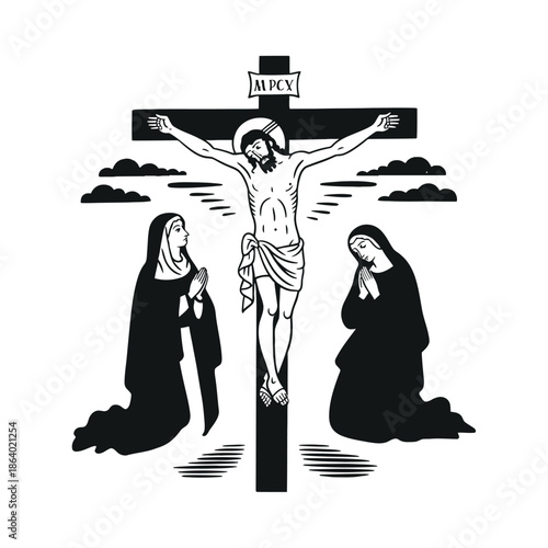 Solemn monochrome illustration shows the crucifixion of Jesus Christ with two figures praying at the base