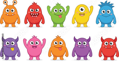 Cute colorful cartoon monster characters set isolated on white background for kids design mascot illustration stickers games and educational content