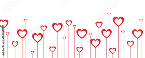 Vibrant red heart flowers on thin stems form a playful horizontal arrangement against pure white background. Minimalist vector art perfect for romantic designs, Valentine's cards, love posters.