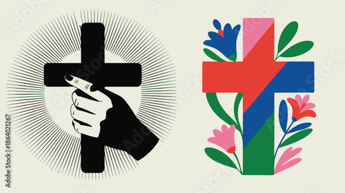 Stylized black cross with a pointing hand and a vibrant floral cross symbolize guidance and new life