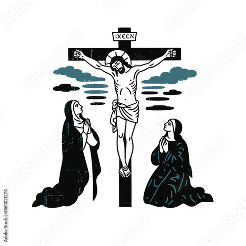 Textured black and white drawing shows Jesus Christ on the cross with two grieving women kneeling