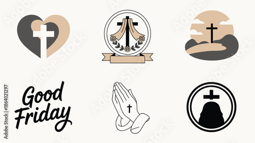 This assortment presents various Christian and Good Friday themed icons with crosses, text, and praying hands