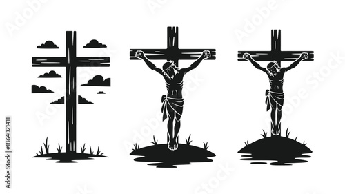 Three solemn black silhouette illustrations depicting crosses and Jesus Christ crucified on hills