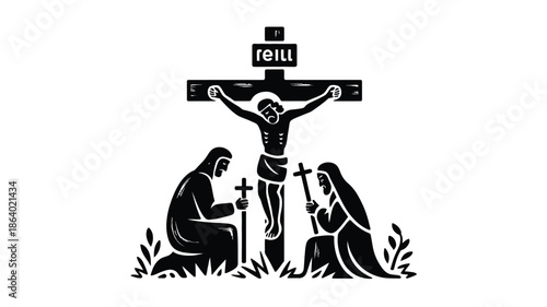 Traditional black and white depiction of Jesus Christ on the cross with two grieving figures