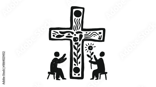 Two people sitting on stools reverently gaze upon an ornate cross with detailed internal patterns