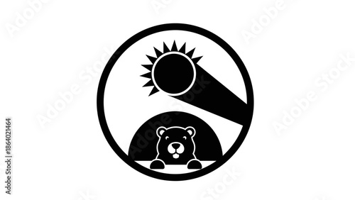 Groundhog Day symbol with sun and groundhog emerging from its burrow, black and white vector illustration.