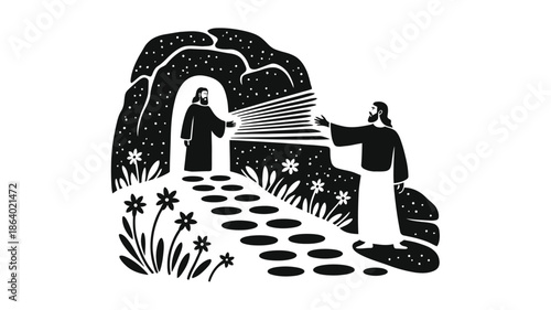 Two robed figures connecting with rays of light between them near a cave entrance