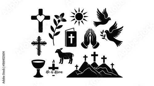 A collection of black silhouette symbols representing Easter and Christian faith on a clean white background