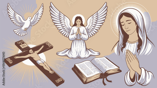 A collection of diverse Christian religious elements including a crucifix, praying angel, dove, and open Bible