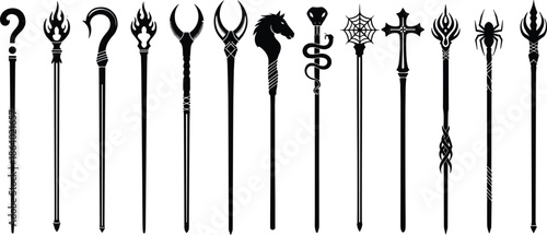 Fantasy magic staffs and wands silhouettes set featuring mystical symbols, fire, snakes, spiders, and medieval sorcery designs, black wizard weapon icons isolated on white background