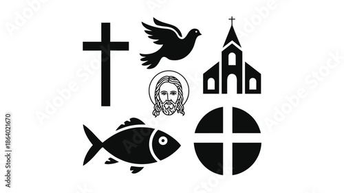 A collection of important Christian symbols including a cross, dove, church, and the face of Jesus