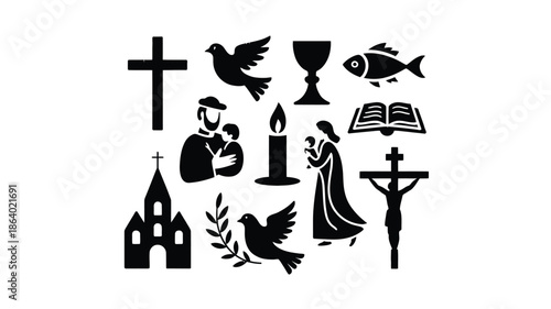A comprehensive set of Christian religious symbols featuring crosses doves a chalice and a family