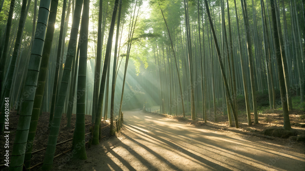 Fototapeta premium A bamboo forest with angled sunlight creating rhythmic shadow patterns on the ground 