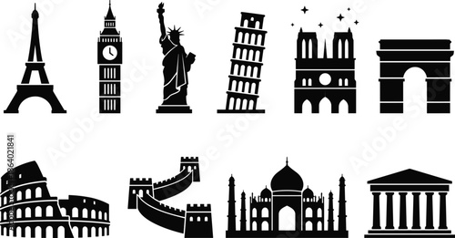 Famous world landmarks silhouette icon set featuring iconic monuments and architectural attractions for travel tourism geography and cultural design isolated on white background