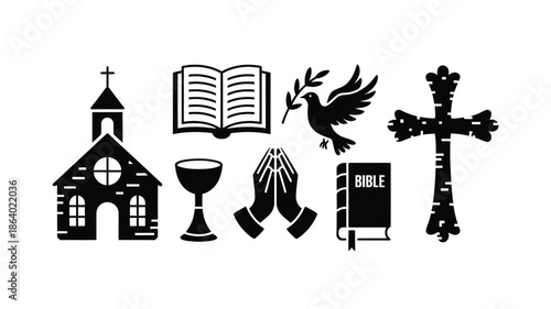 Group of essential Christian religious symbols illustrated as dark silhouettes on a clean white background
