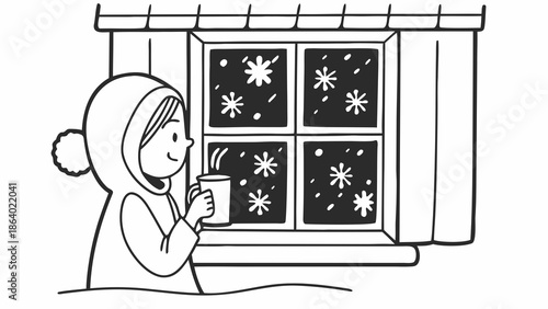 A little girl is at home , looking out of a frozen window and drinking hot tea