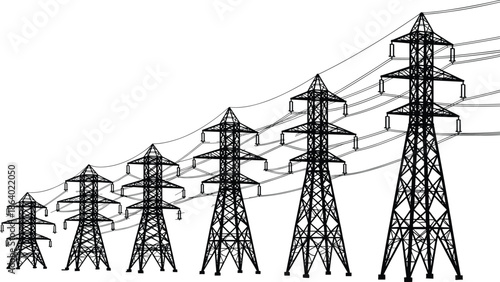 High voltage electricity transmission towers with power lines, industrial energy infrastructure illustration representing electric grid, utility network, and modern power distribution system