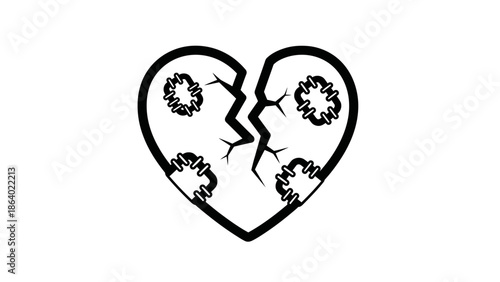 Broken heart with virus symbols, black and white illustration of emotional distress and disease.