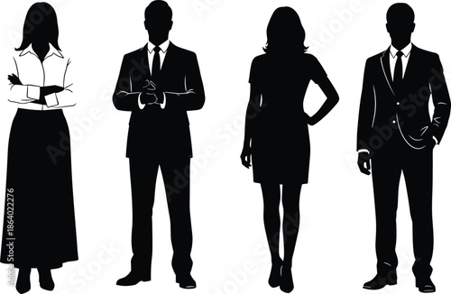 Vector silhouette illustration of professional business team men and women standing together in suits isolated on white background for work.