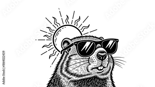 Groundhog wearing sunglasses with sun shining behind, black and white illustration.