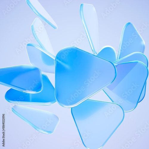 Abstract floating blue glass plates with rounded edges and translucent layers, 3d render