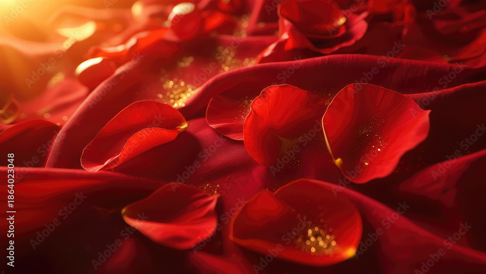 Naklejka premium Closeup of delicate red rose petals with dew drops shining in warm sunlight