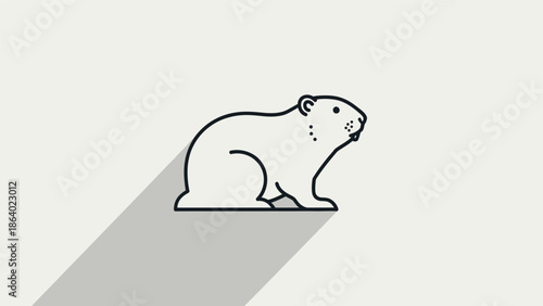 Minimalist black and white line art illustration of a groundhog or marmot with a long shadow, on a light background.