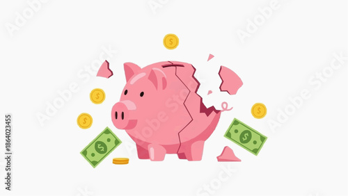 Broken pink piggy bank with money and coins spilling out