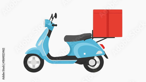 Blue scooter delivering a large red package quickly downtown