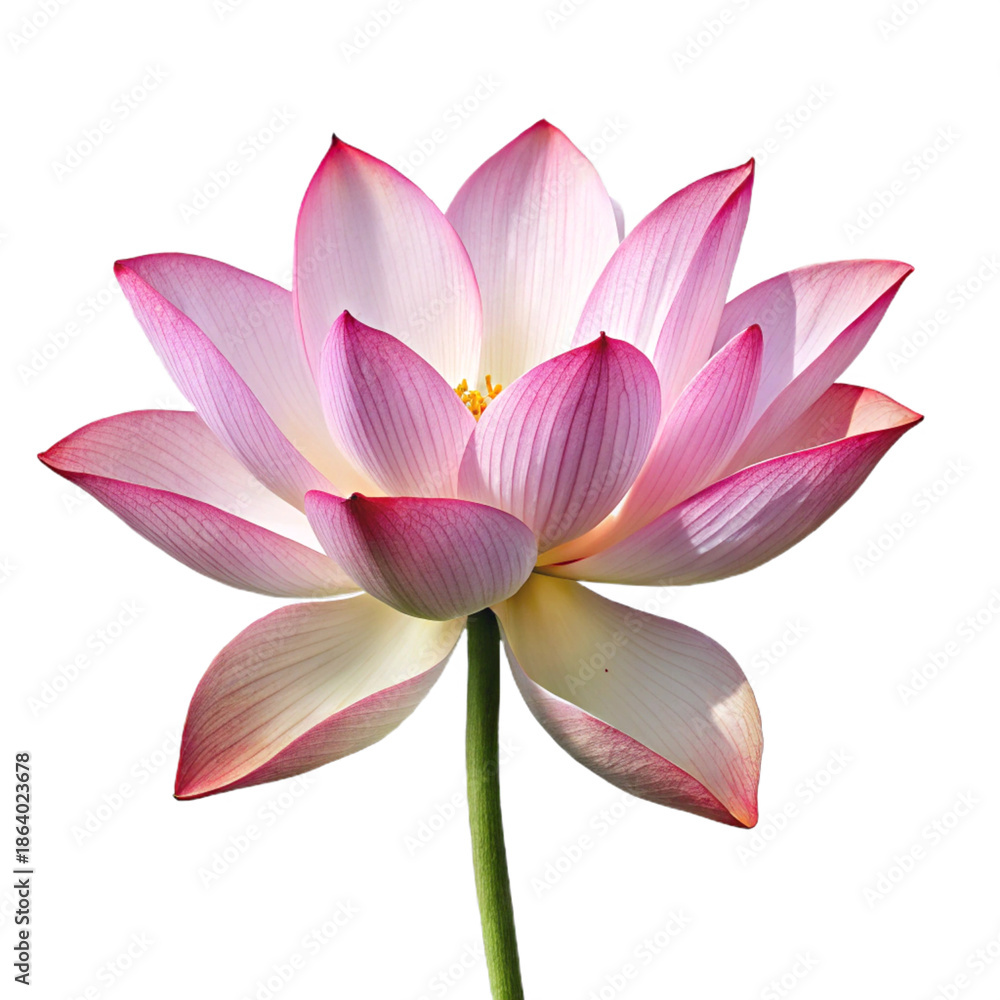 Fototapeta premium Pink lotus flower with delicate petals and green stem isolated on white background symbolizing purity and enlightenment for wellness and spa concepts