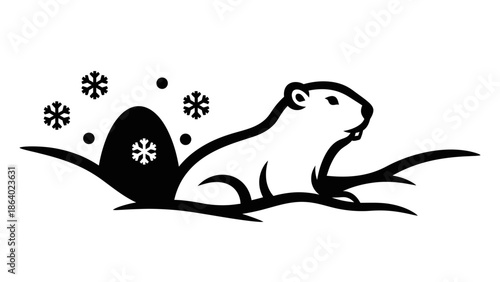 Groundhog Day celebration with a cute groundhog emerging from its burrow in the snow with snowflakes.