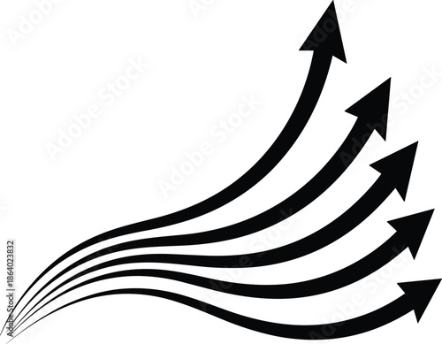 Abstract curved arrow growth concept featuring upward directional arrows symbolizing progress, success, business growth, and positive momentum isolated on white background