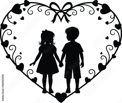 Children couple silhouette holding hands inside decorative heart frame symbolizing innocent love, friendship, childhood bond, and Valentine romance isolated on white background