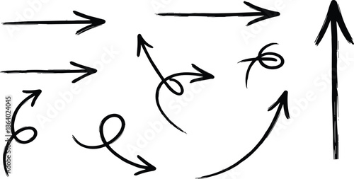 Hand drawn sketch arrow set featuring curved, straight, and swirl directional arrows, doodle style motion symbols isolated on white background