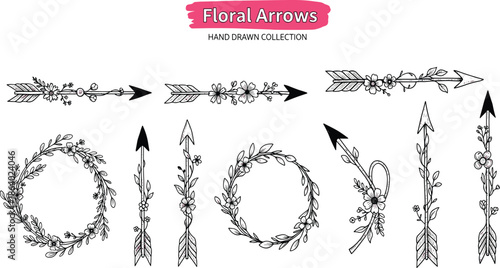 Hand drawn floral arrow collection featuring decorative botanical arrows, wreaths, and boho design elements for wedding, branding, and creative projects isolated on white background