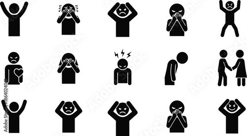 Human emotion icon set featuring expressive stick figure silhouettes showing happiness, sadness, anger, stress, fear, and social interaction concepts isolated on white background