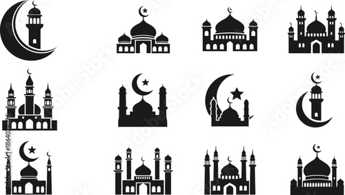 Islamic mosque and crescent moon silhouette icon set featuring religious architecture symbols for Ramadan, Eid, and Muslim faith designs isolated on white background