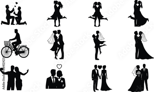 Romantic love and wedding couple silhouette set featuring proposal, dancing, marriage moments, relationships, and emotional connection concepts isolated on white background