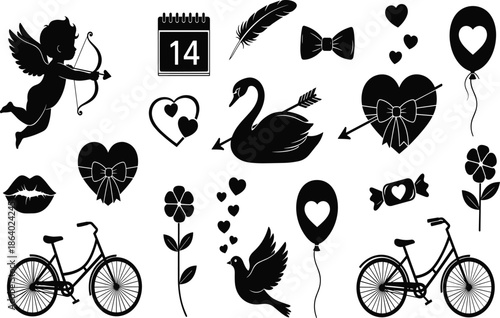 Romantic love icon set featuring cupid, hearts, swan, flowers, bicycles, and Valentine symbols for wedding, romance, and relationship designs isolated on white background