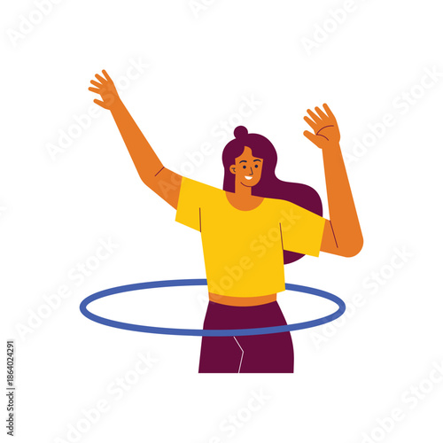 Young Woman Hula Hooping with Arms Raised and Smiling.