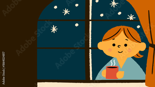 A little girl is at home , looking out of a frozen window and drinking hot tea