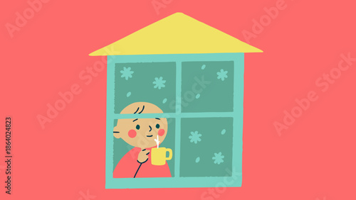 A little boy is at home , looking out of a frozen window and drinking hot tea