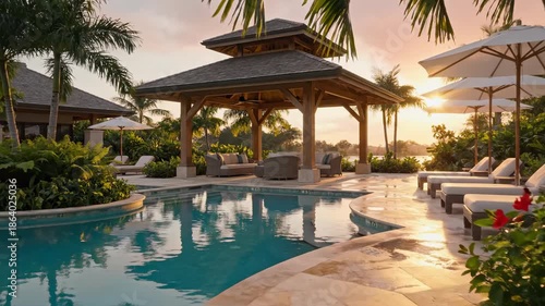 Zenith of Luxury: A serene poolside oasis, framed by lush foliage and the warm embrace of a sunset, encapsulates the essence of luxury and tranquility.